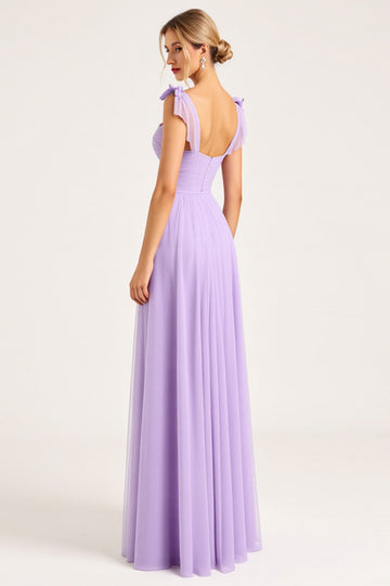 Lilac Ruched Chiffon A Line Long Bridesmaid Dress with Slit